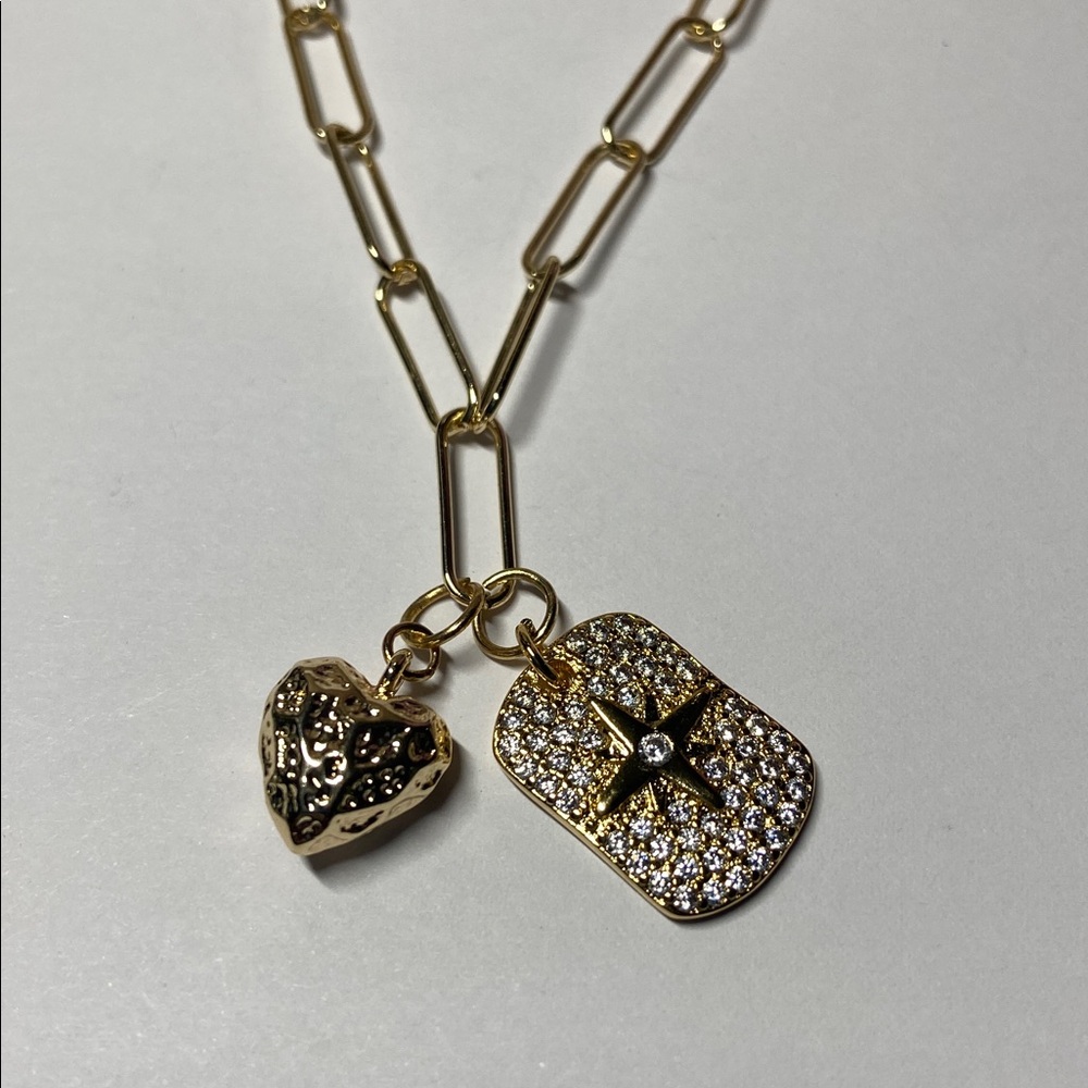 NEW 18K Gold Plated 2 Charm Paperclip Necklace